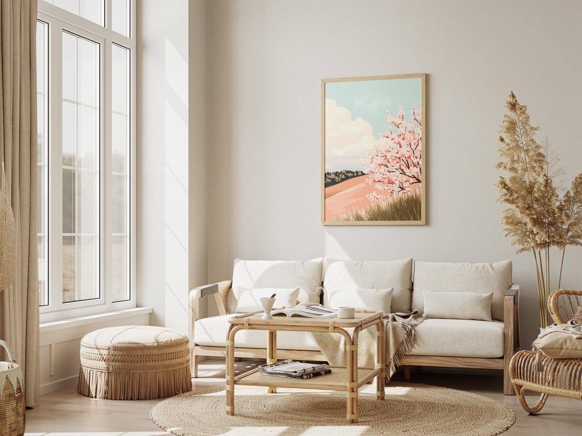 Pink Cherry Blossom Tree Over Sunlit Apricot Rolling Hills Poster - Image 4