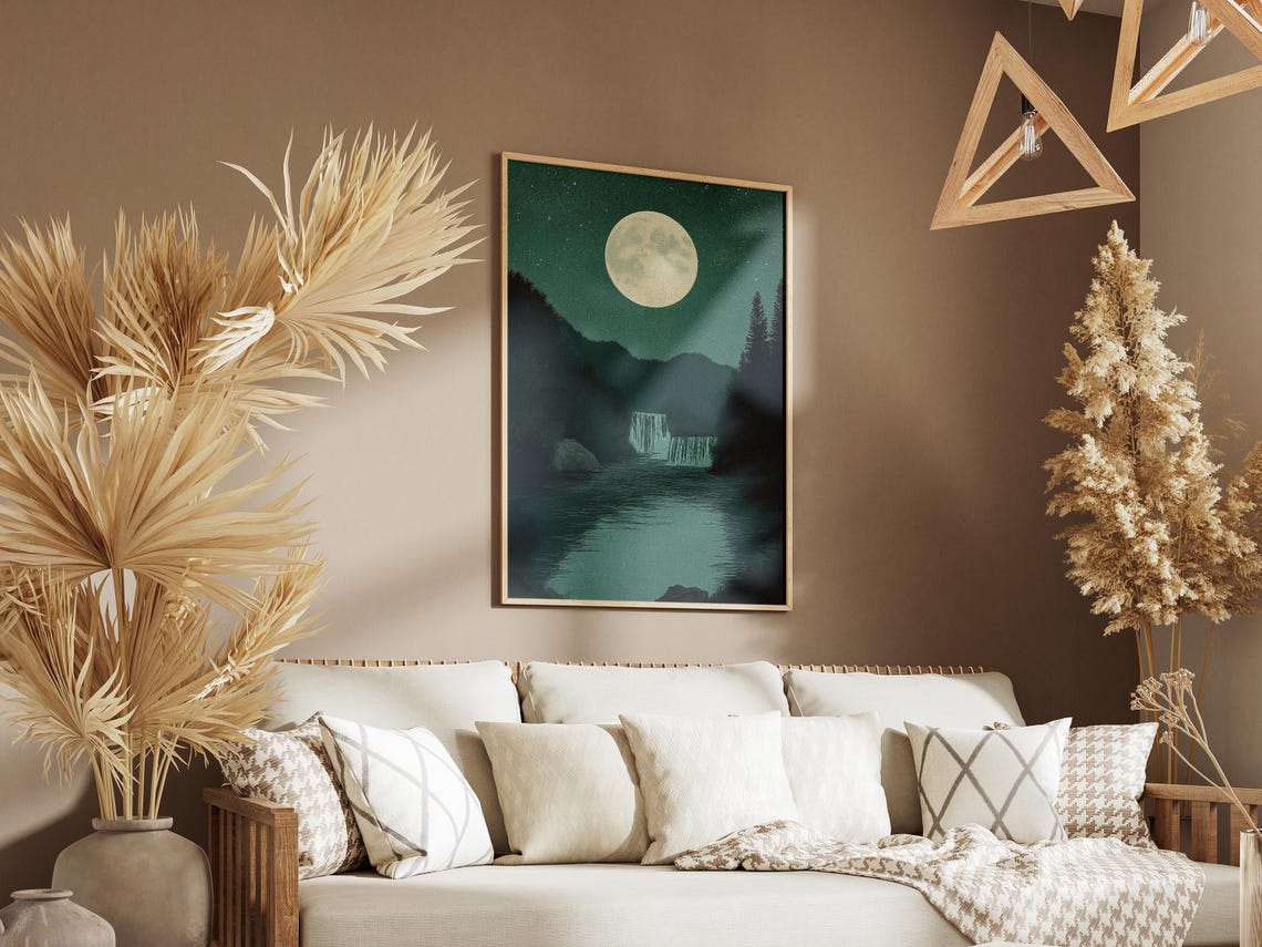 Plitvice Moonlit Waterfall Under Full Moon Teal Night Poster - Image 3
