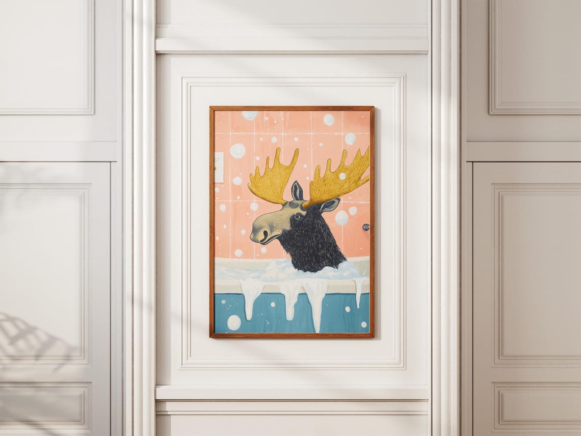 Golden Antlered Moose In Bubble Bath Peach Polka Dot Tile Poster - Image 2