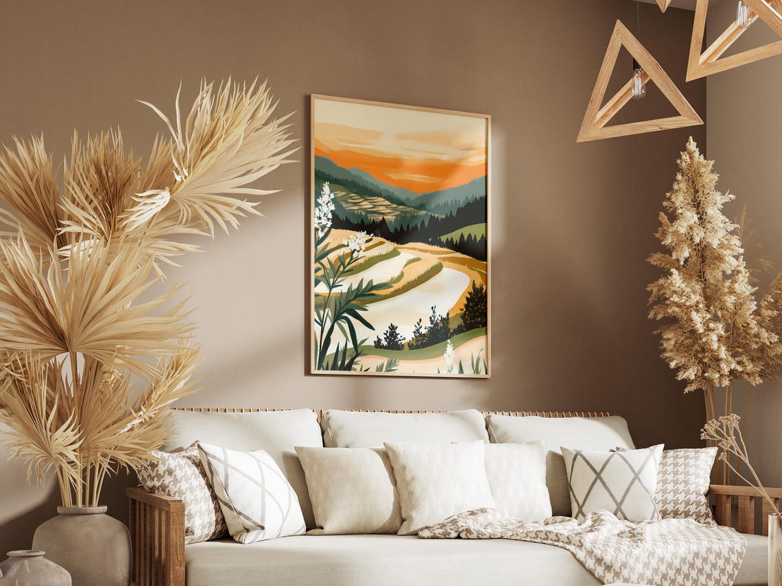 Golden Sunset Rice Terraces Hills White Blossoms Scenic Poster - Image 3