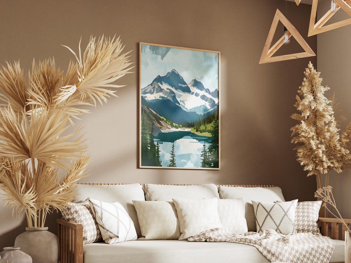 Snowy Mountain Lake Reflection Alpine Watercolor Landscape Poster - Image 3