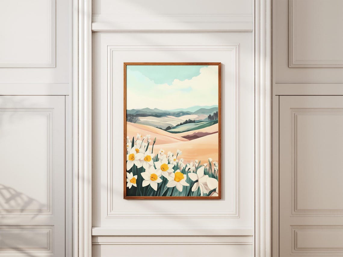 White Daffodils Before Rolling Spring Hills Landscape Poster - Image 2
