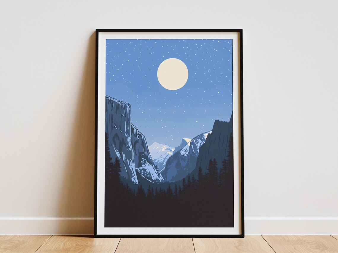 Yosemite National Park Moonlit Snowy Valley Cliffs Starry Night Art Poster