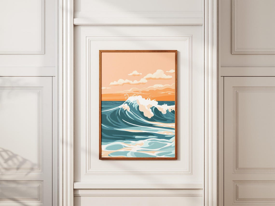 Big Blue Ocean Wave Crashing Under an Orange Sunset Sky Poster - Image 2