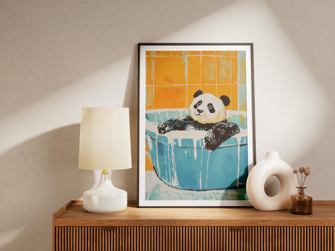 Happy Panda Soaking In Blue Bubble Bath Orange Bathroom Poster - Image 5