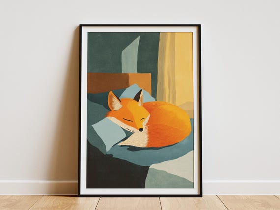 Charming Sleeping Fox Matisse Style Gouache Painting Print Whimsical Animal Nursery Wall Art Cozy Bedroom Decor Modern Illustration Gift