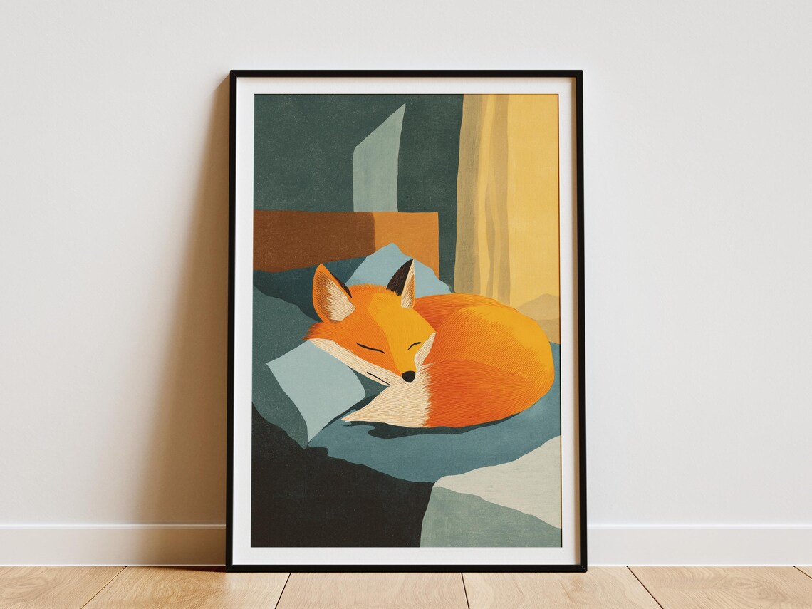 Orange Fox Curled Up Sleeping on a Blue Pillow in Teal Tones Art Poster