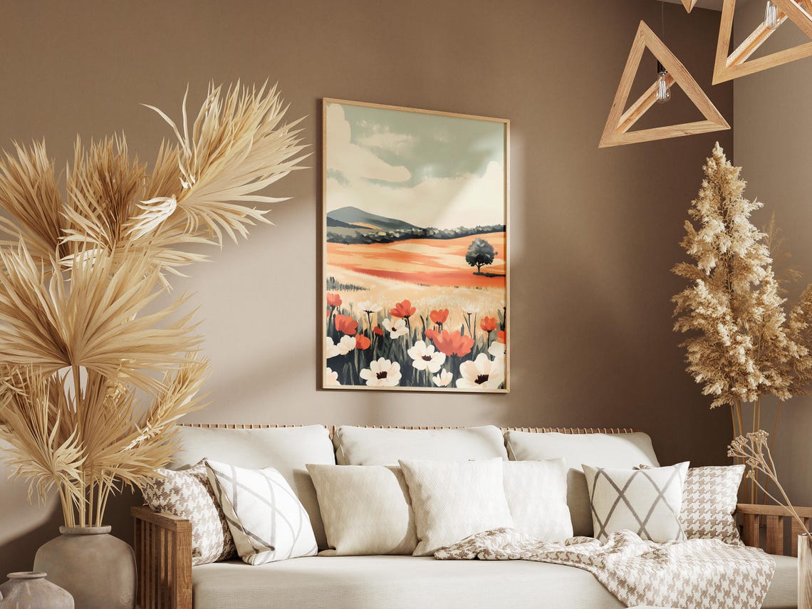 Red and White Poppies in a Golden Rolling Hills Meadow Poster - Image 3