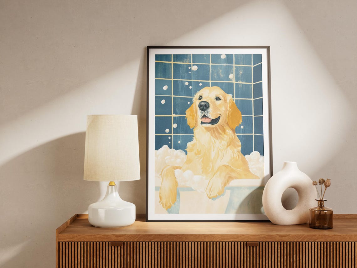 Golden Retriever Bubble Bath Smiling Happy Blue Tile Dog Poster - Image 4