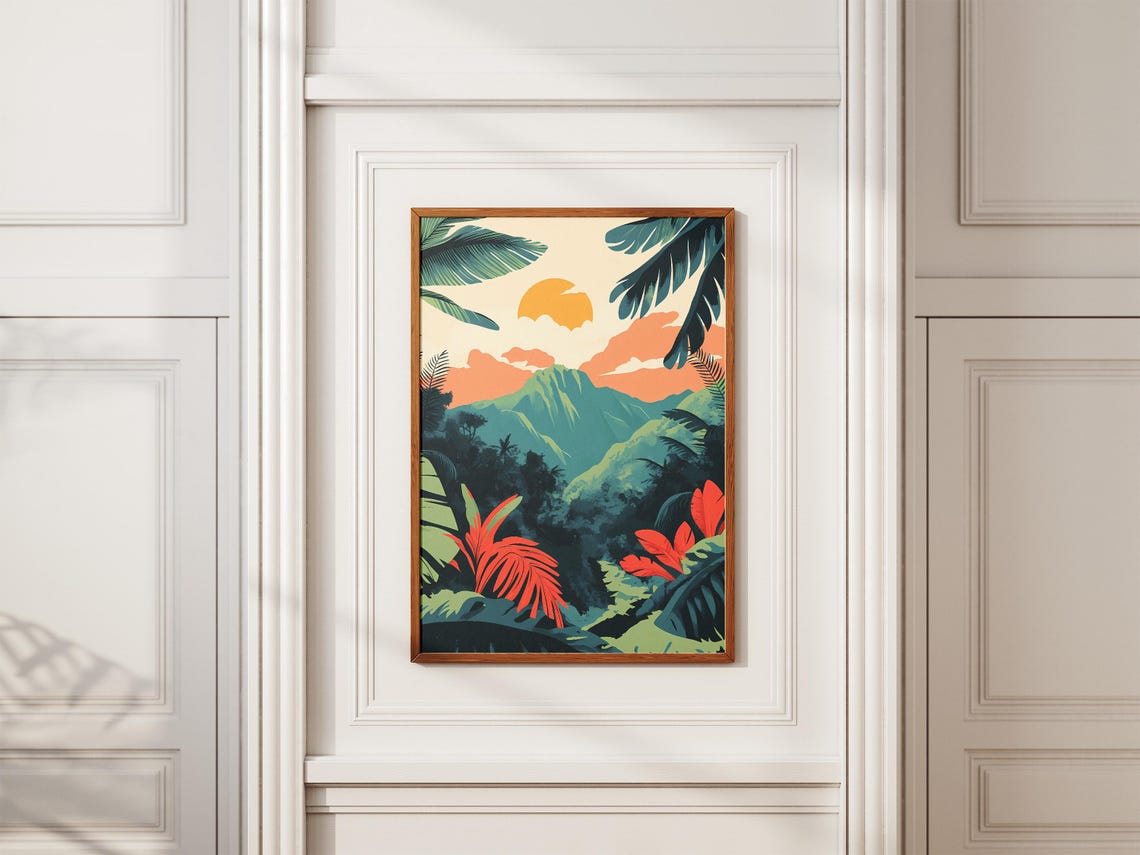 Tropical Jungle Valley With Mountain Under Orange Sun Poster - Image 2