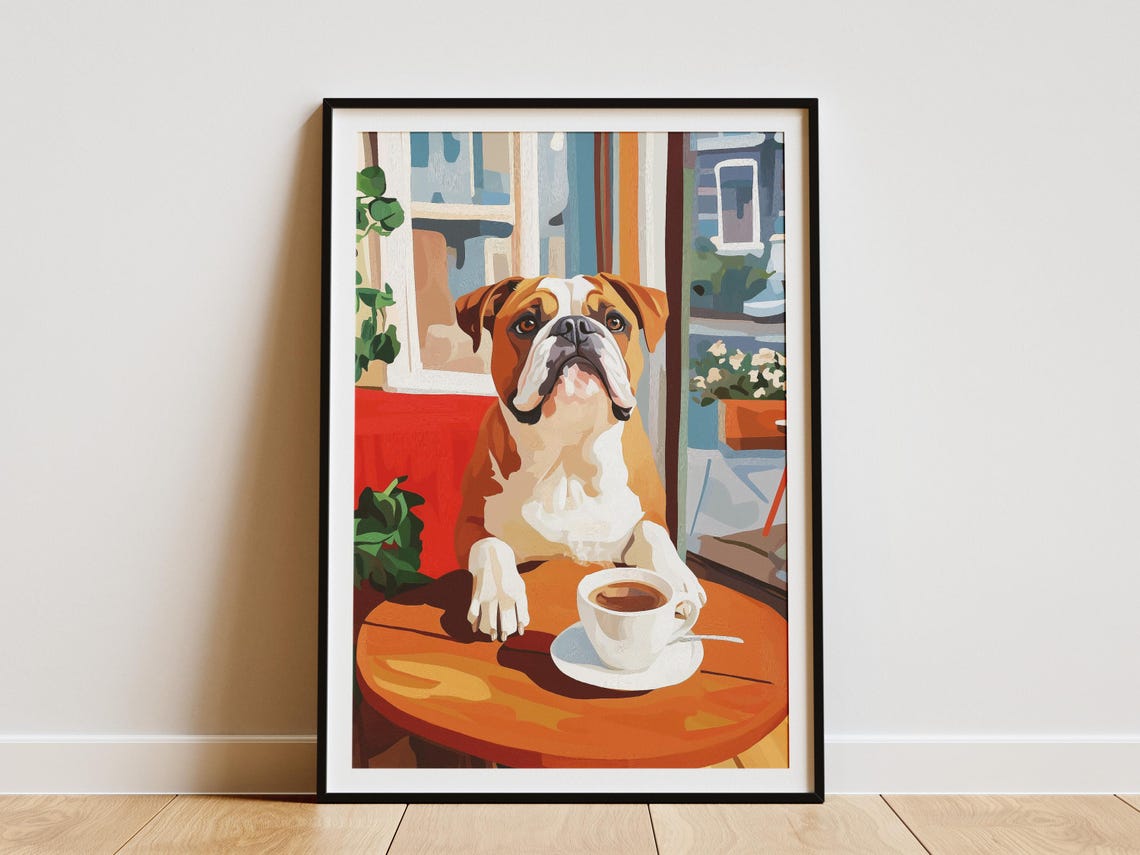 English Bulldog with Coffee at a Sunny City Cafe Table Dog Poster