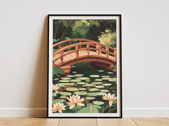 Water Lilies And Wooden Bridge Poster Japanese Garden Print Zen Garden Art Serene Nature Scene Botanical Illustration Peaceful Landscape