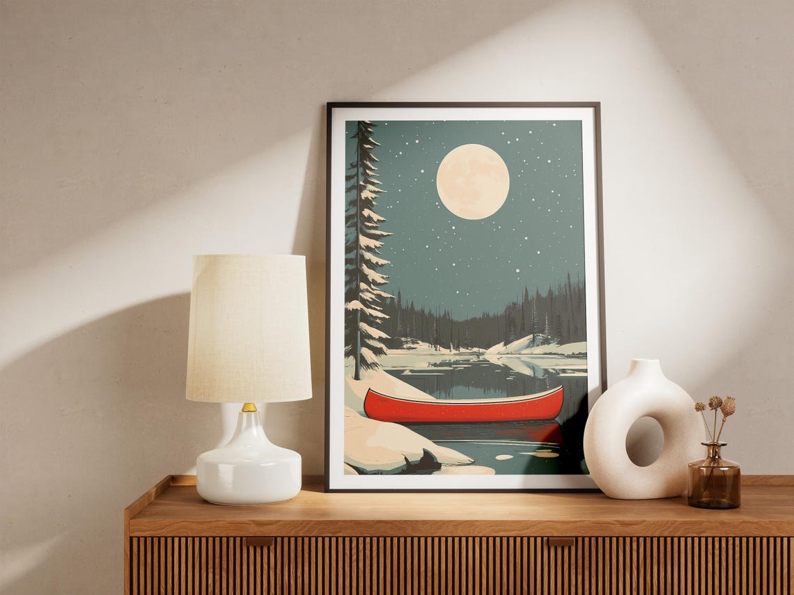 Red Canoe on Snowy Winter Lake Under Full Moon Night Scene Poster - Image 4