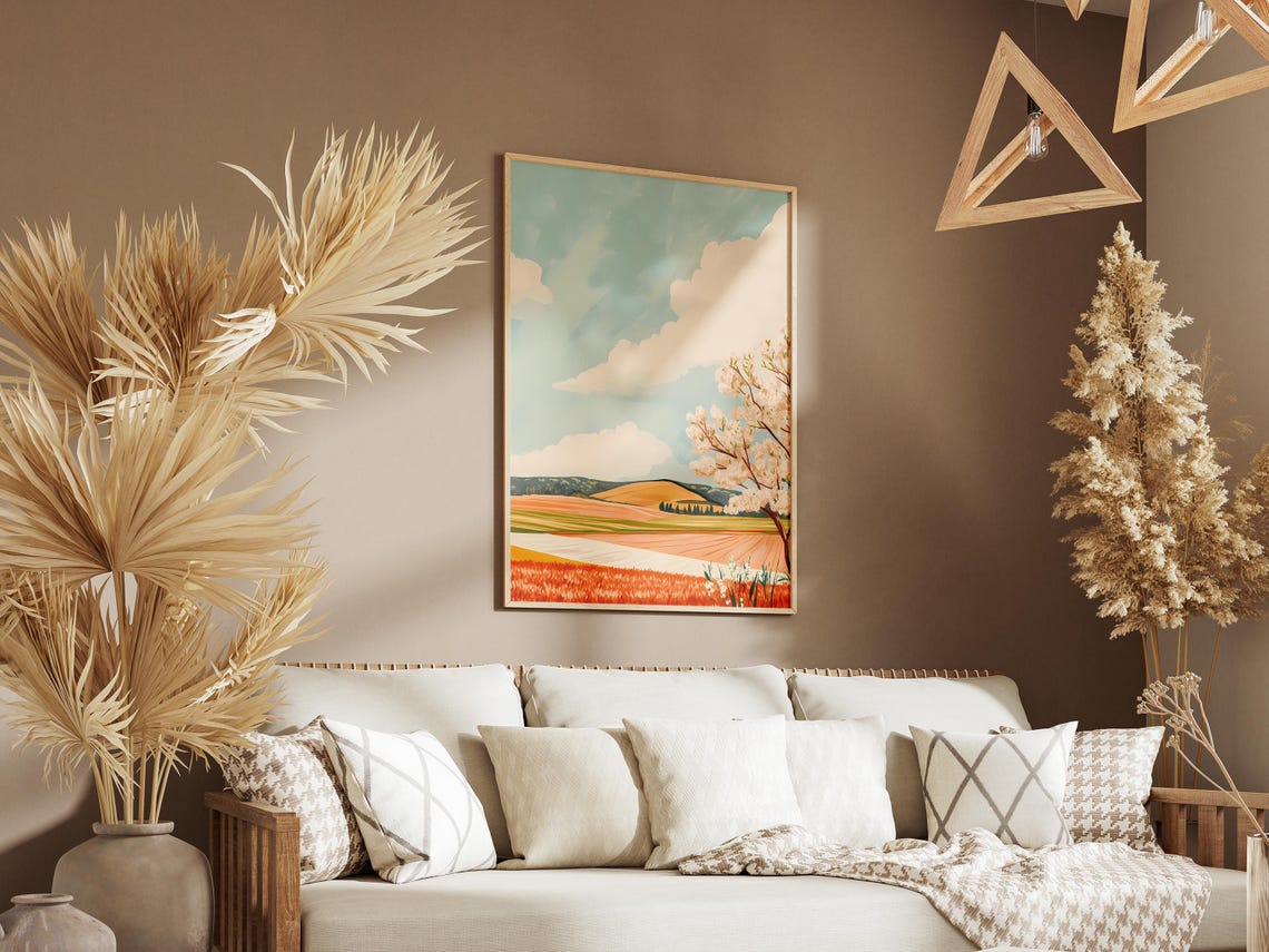Blooming White Tree Beside Terraced Orange Fields Sky Poster - Image 3