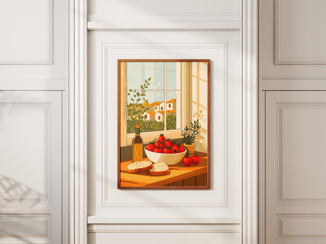 Mediterranean Window Tomatoes Bread Olive Oil Village View Poster - Image 2
