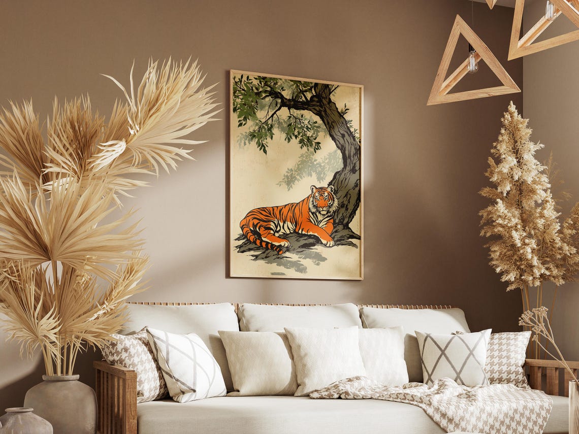 Orange Tiger Resting Under Banyan Tree Japanese Style Art Poster - Image 3