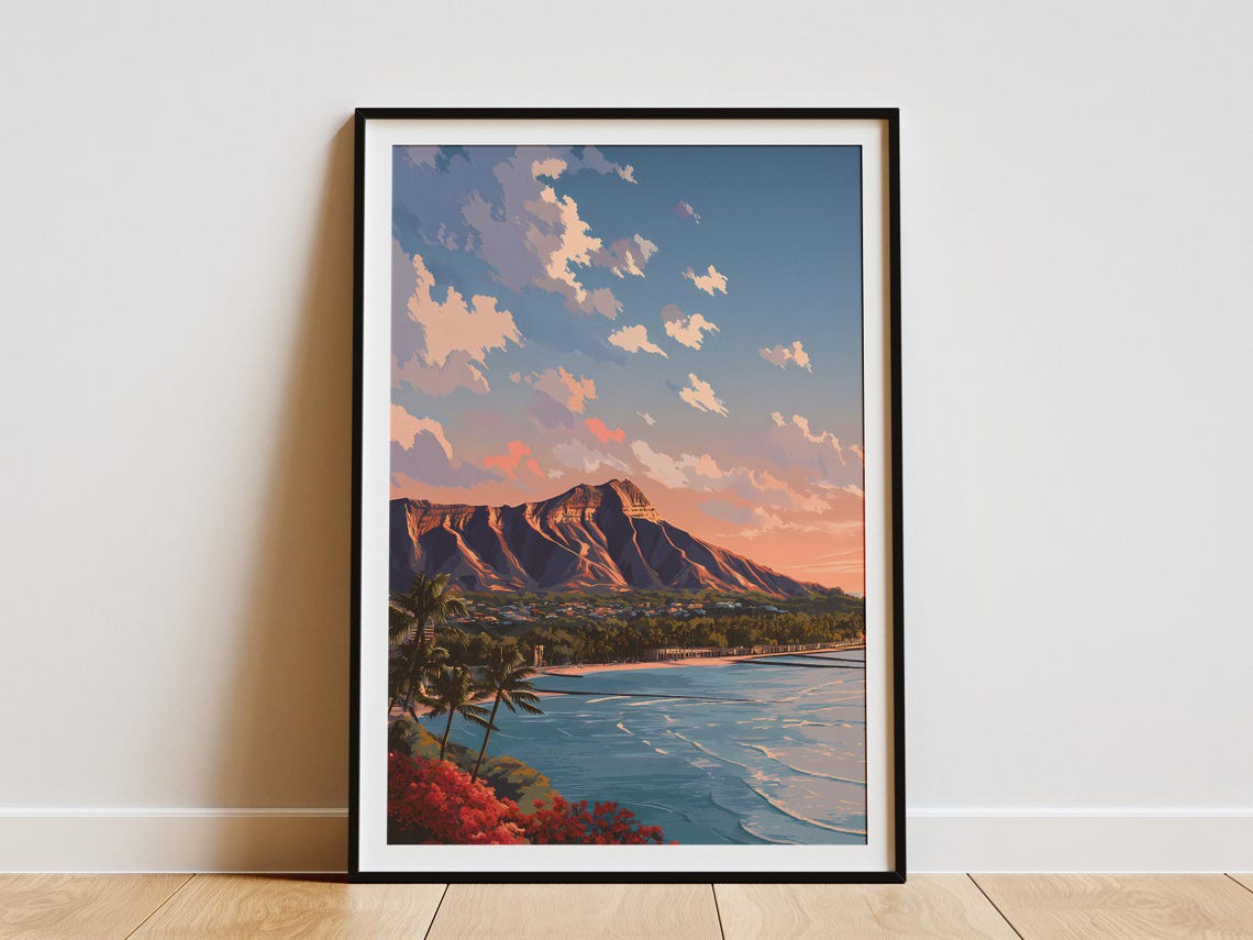 Diamond Head Honolulu Hawaii Sunrise Coast Tropical Travel Poster