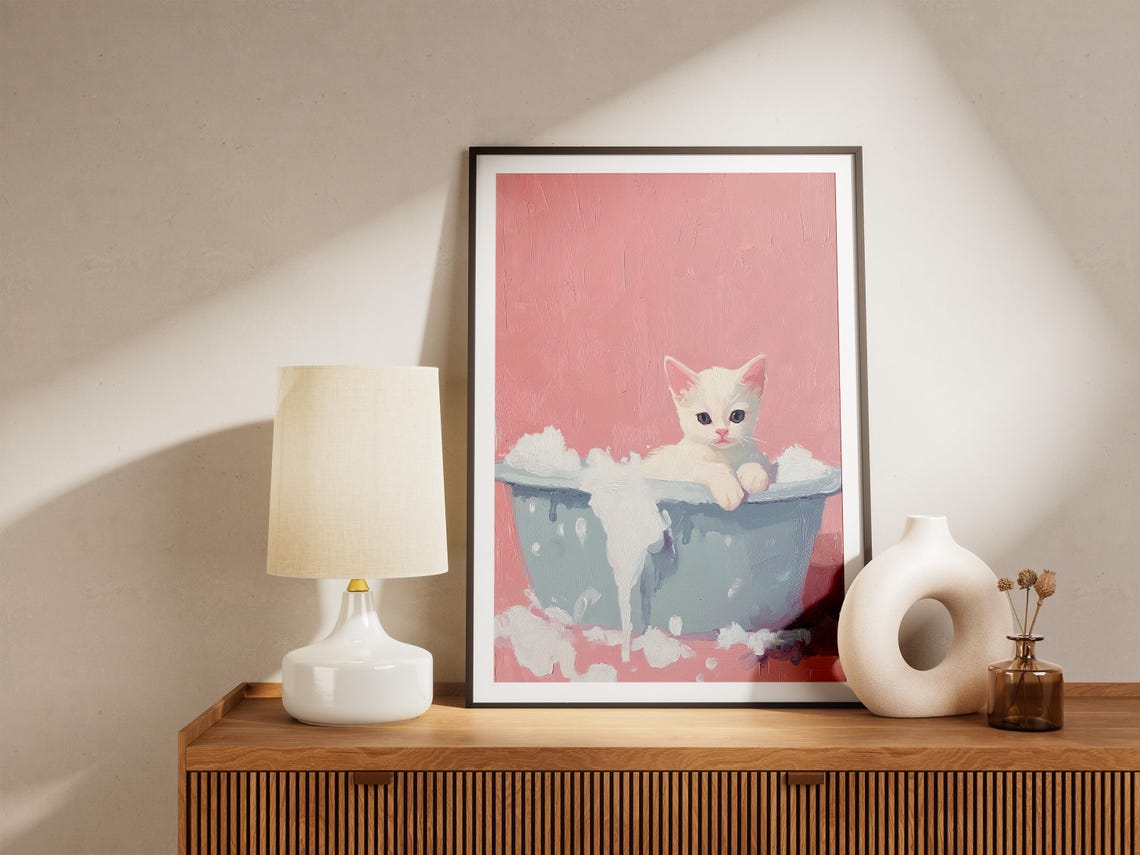 Tiny White Kitten in Foamy Gray Tub Soft Blush Pink Art Poster - Image 4
