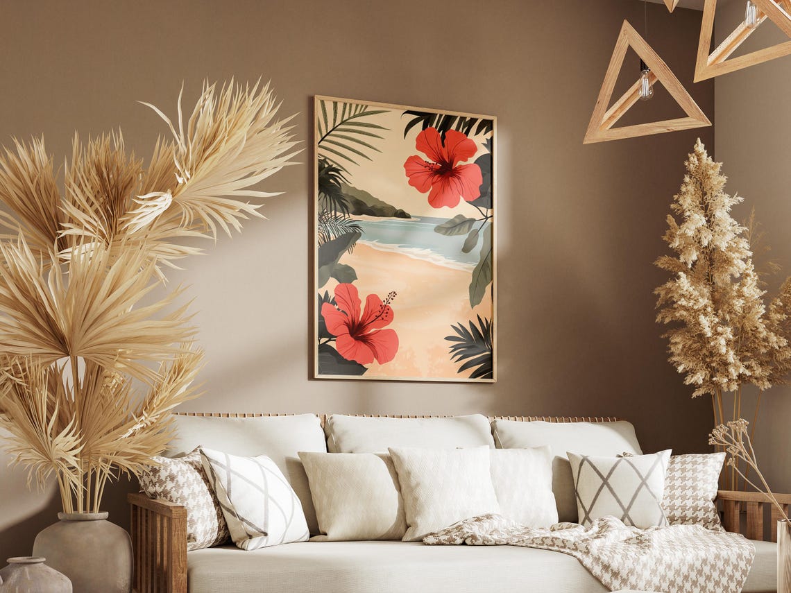 Tropical Beach Poster With Big Red Hibiscus Flowers and Ocean View - Image 3