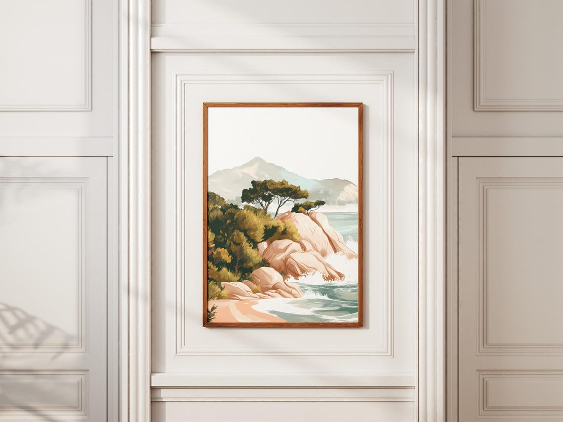 Rocky Coastal Cove Pine Trees Mountain Shore Illustration Poster - Image 2