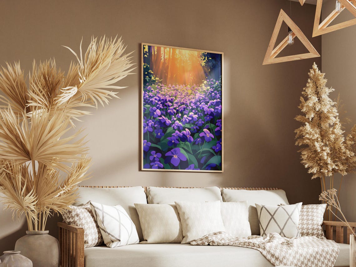 Sunlit Purple Violet Wildflower Clearing in the Forest Art Poster - Image 3