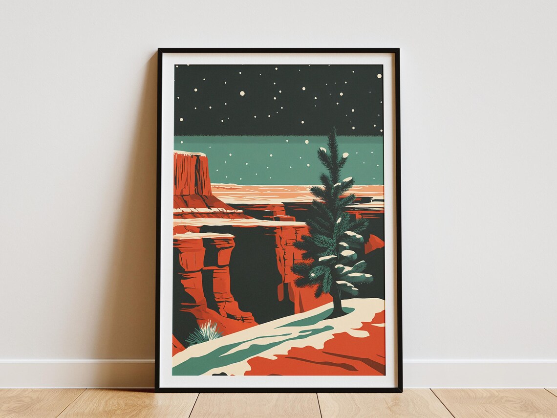 Canyonlands National Park Vintage Festive Winter Travel Poster Snow Covered Canyon Christmas Holiday Decor Red Rock Canyon Art Print Utah