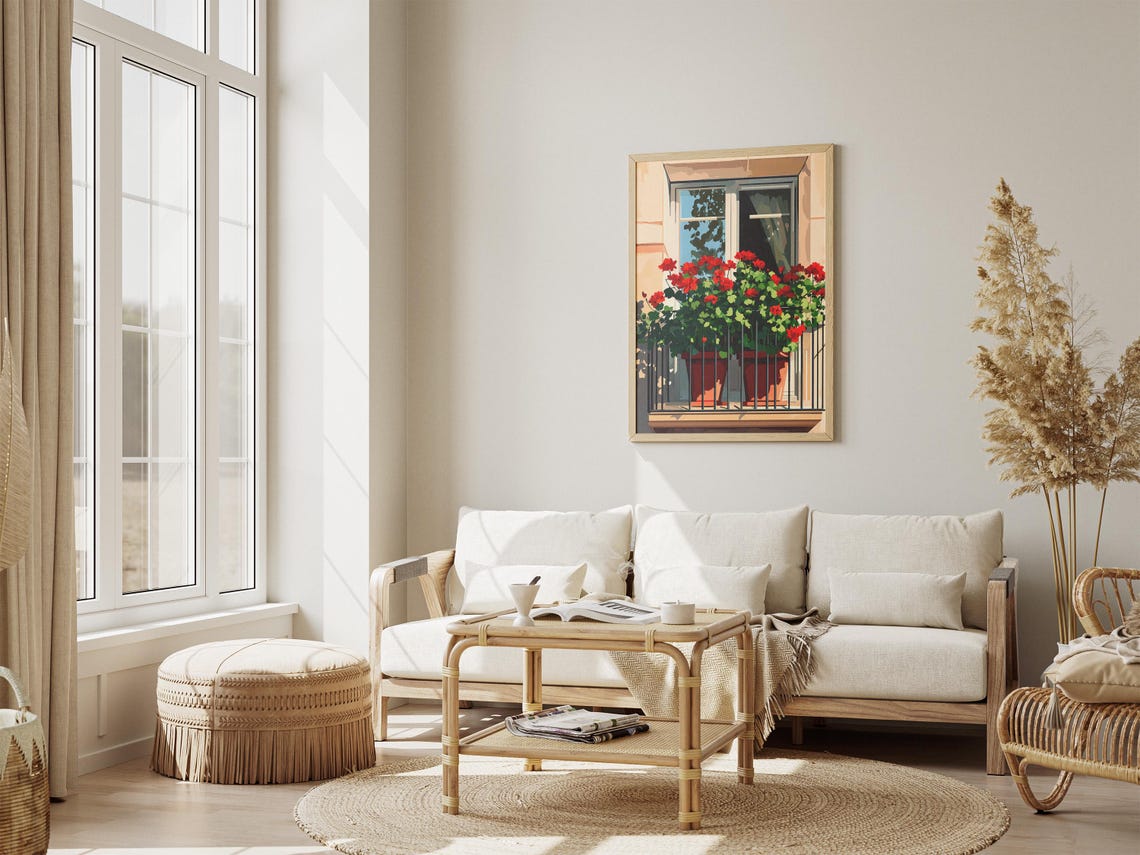 Red Geranium Balcony Pots Sunlit Window Planter Flower Poster - Image 4