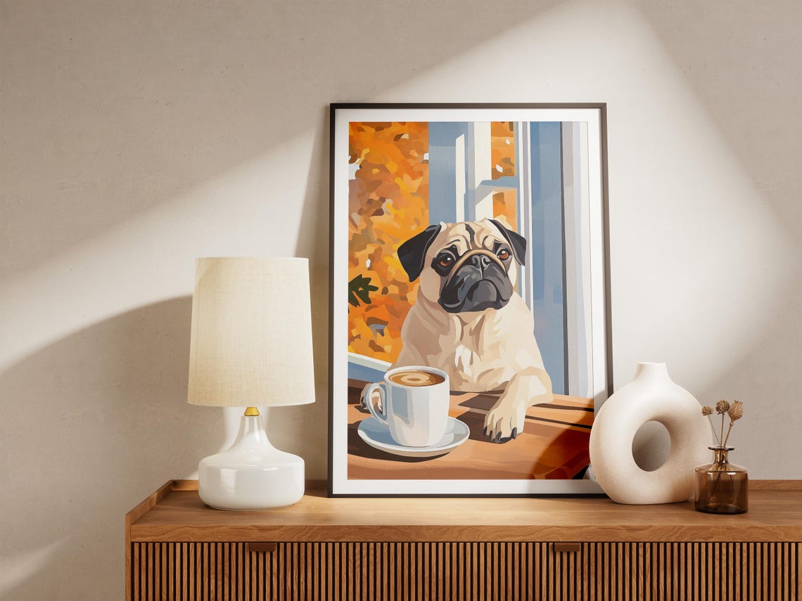 Pug Coffee Poster Art Print Dog Lover Gift With Mug Animal Wall Funny - Image 4