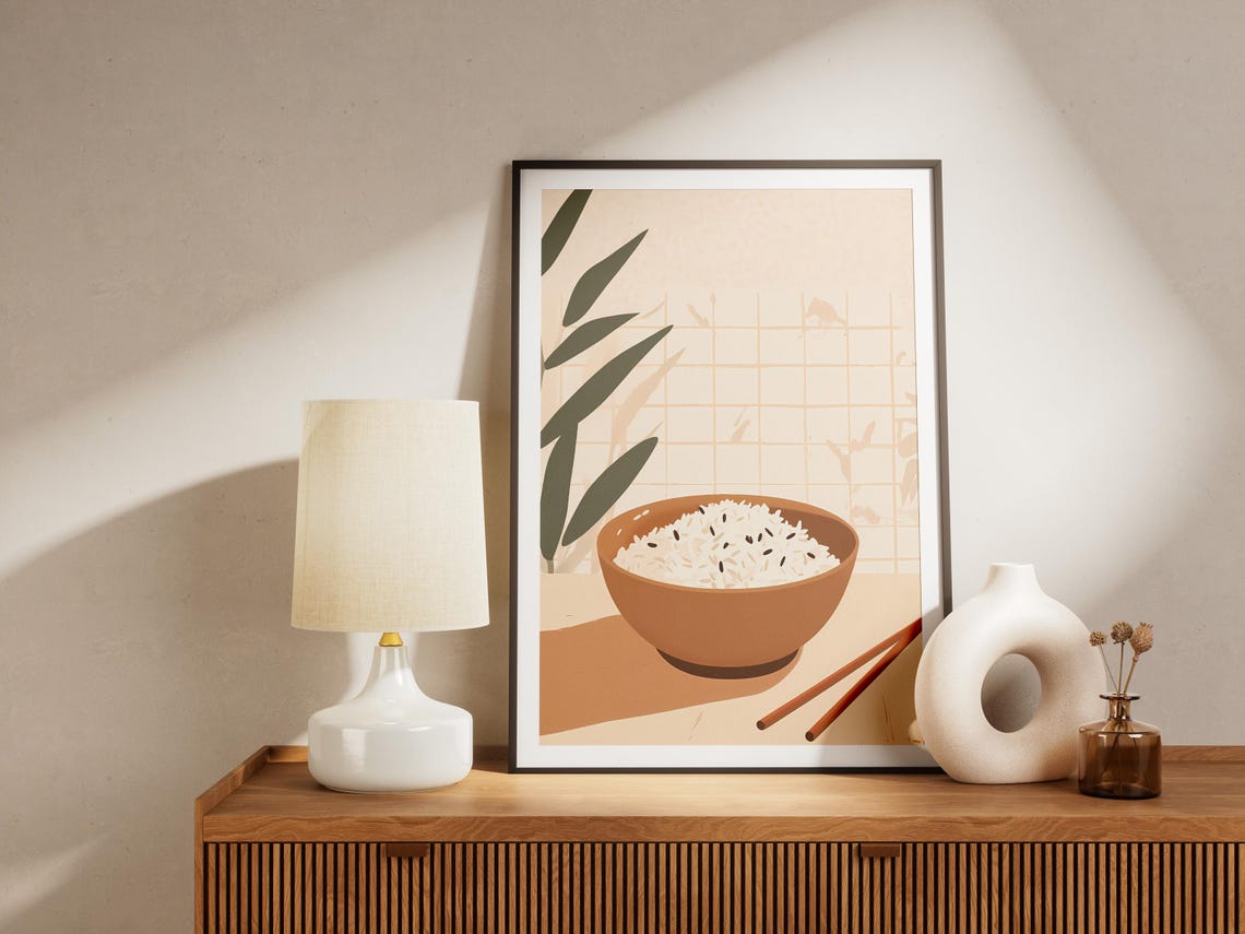 Minimalist Rice Bowl with Chopsticks Japanese Kitchen Art Print - Image 4