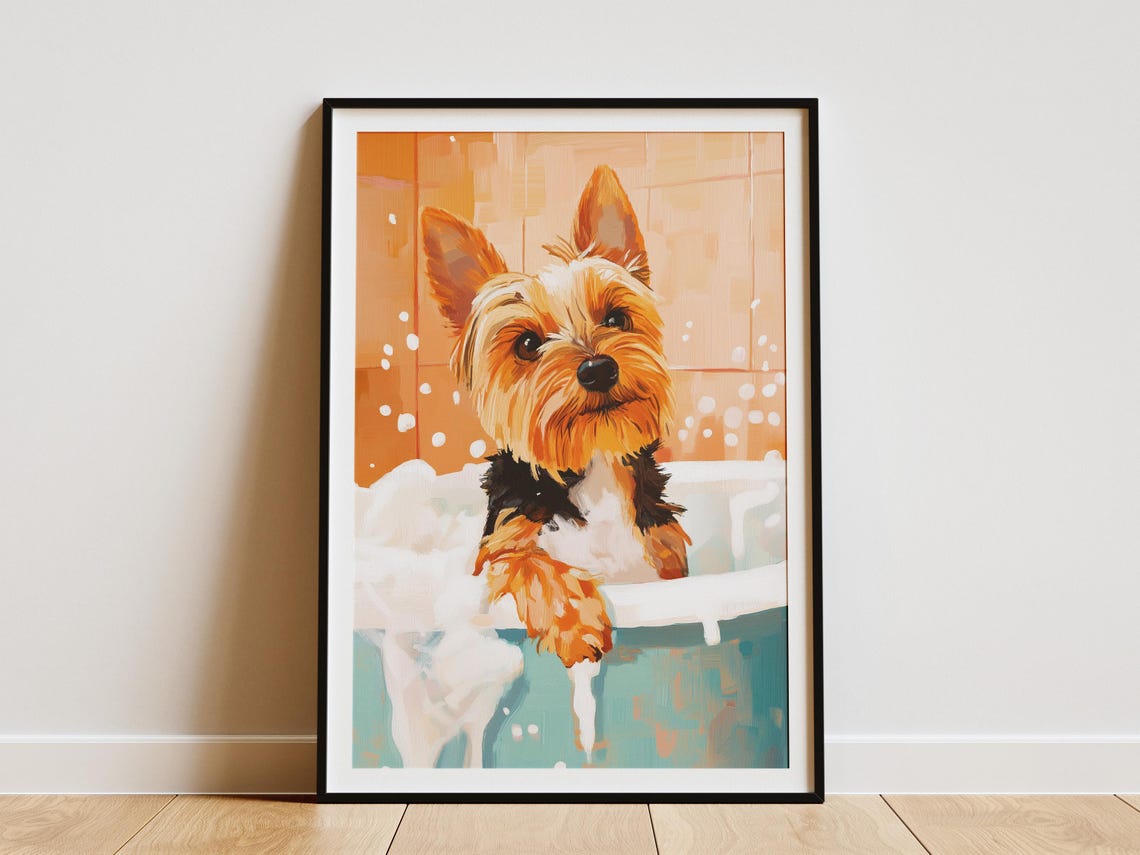Yorkshire Terrier Puppy Bubble Bath Cheerful Painterly Art Poster