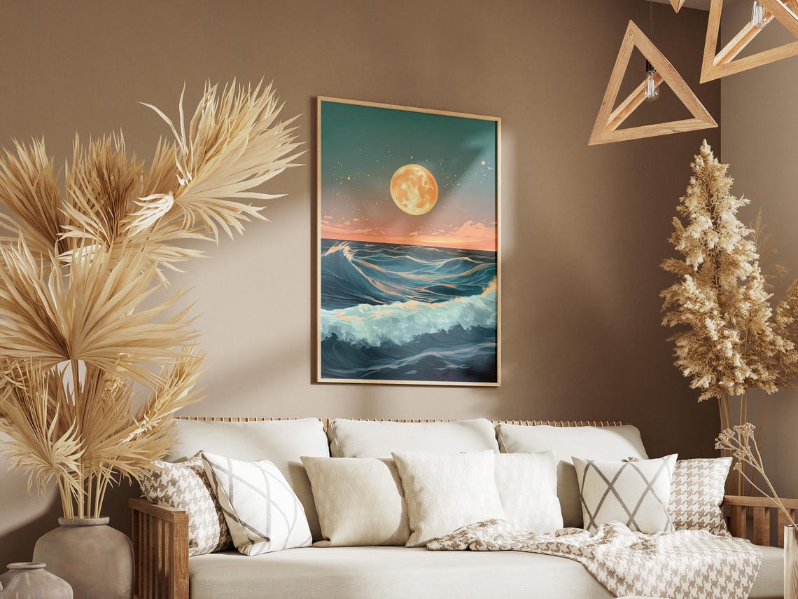 Full Moon Over Ocean Waves Poster Night Coastal Art For Home Decor - Image 3