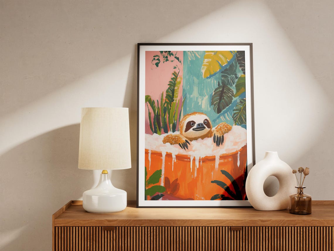 Sloth Bubble Bath Orange Tub Tropical Leaf Bathroom Fun Poster - Image 5