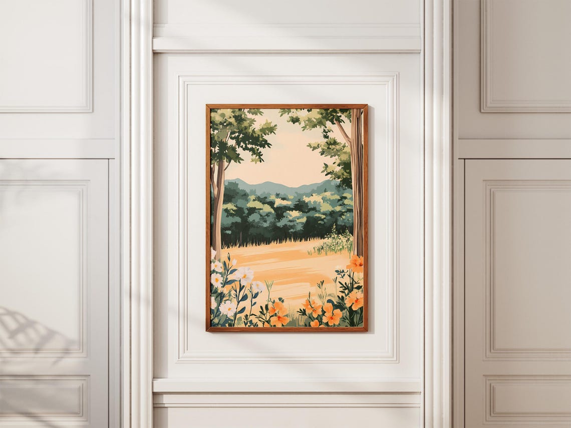 Sunlit Forest Glade With Peach Blossoms Framing Green Hills Poster - Image 2