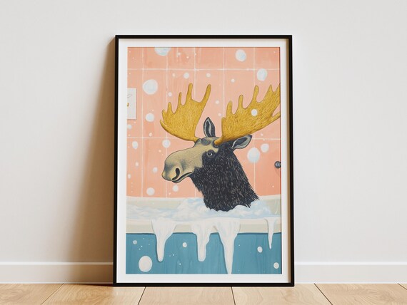 Golden Antlered Moose In Bubble Bath Peach Polka Dot Tile Poster