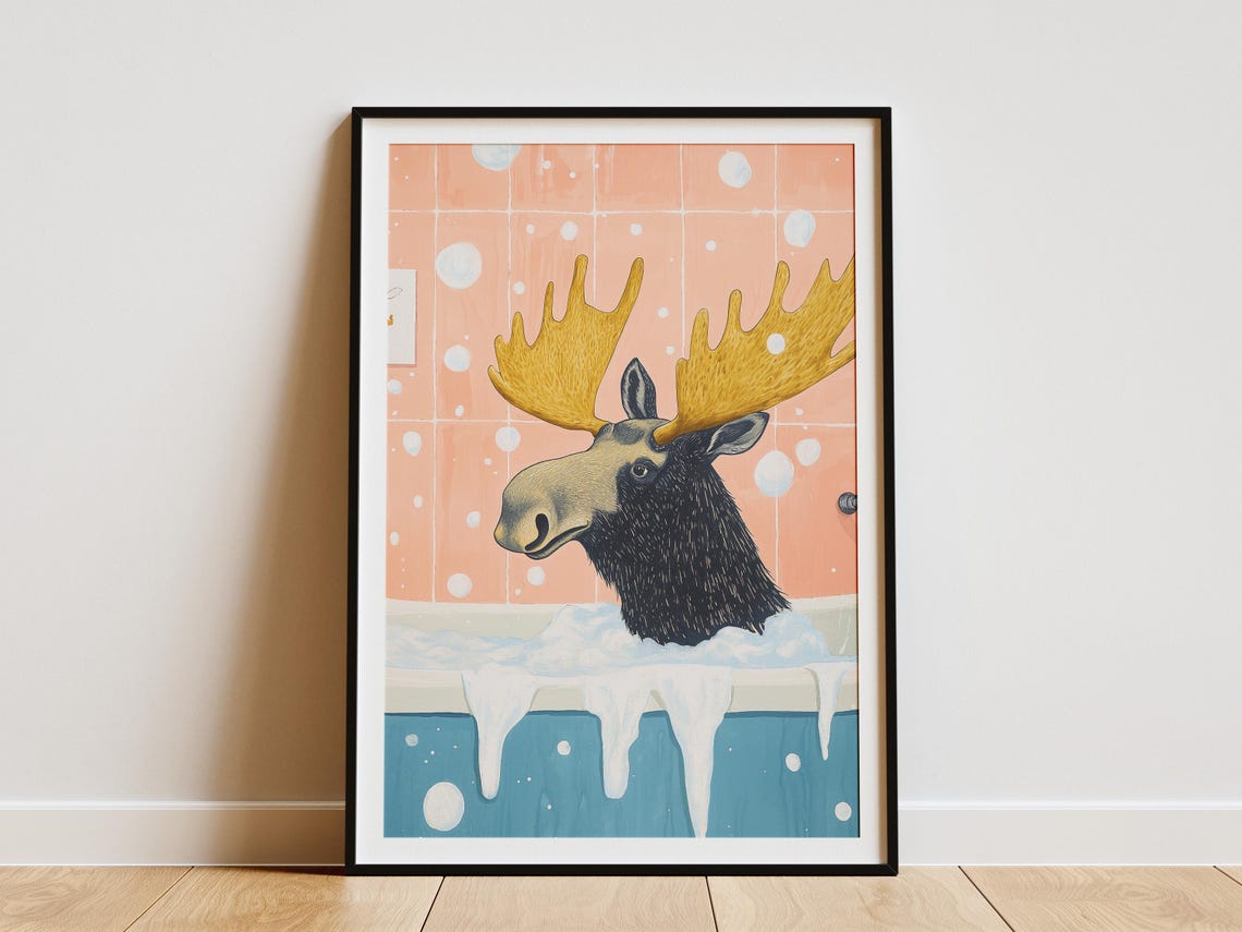 Golden Antlered Moose In Bubble Bath Peach Polka Dot Tile Poster