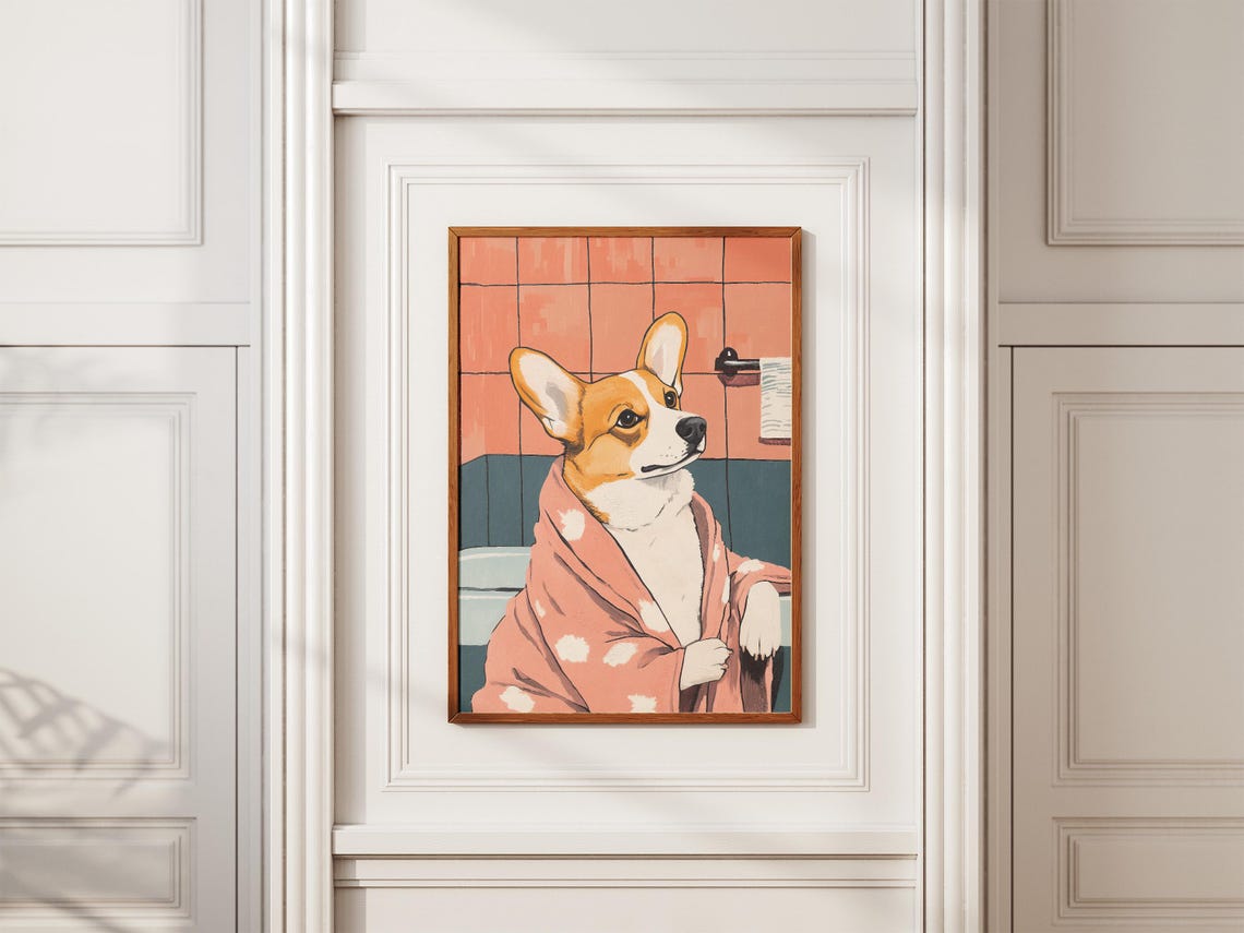 Funny Cute Corgi in Pink Polka Dot Bathrobe After Bath Poster - Image 2