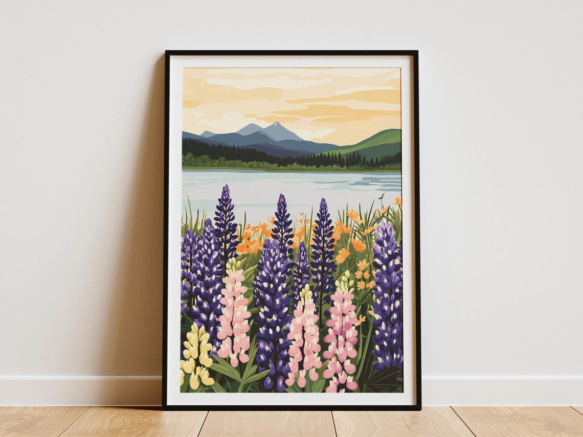 Sunset Lupine Meadow by a Calm Mountain Lake Wildflower Art Poster