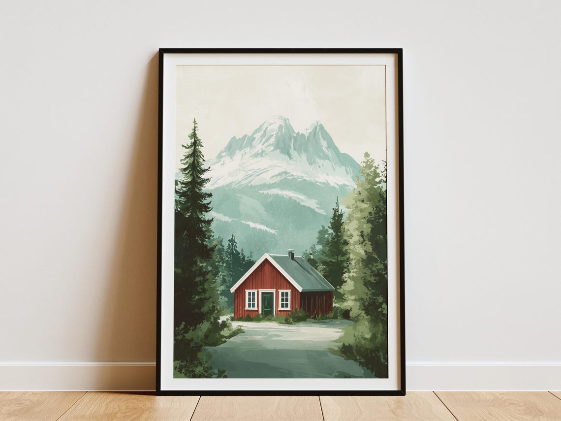 Norway Red Cabin Snowy Mountain Lake Scandinavian Travel Poster