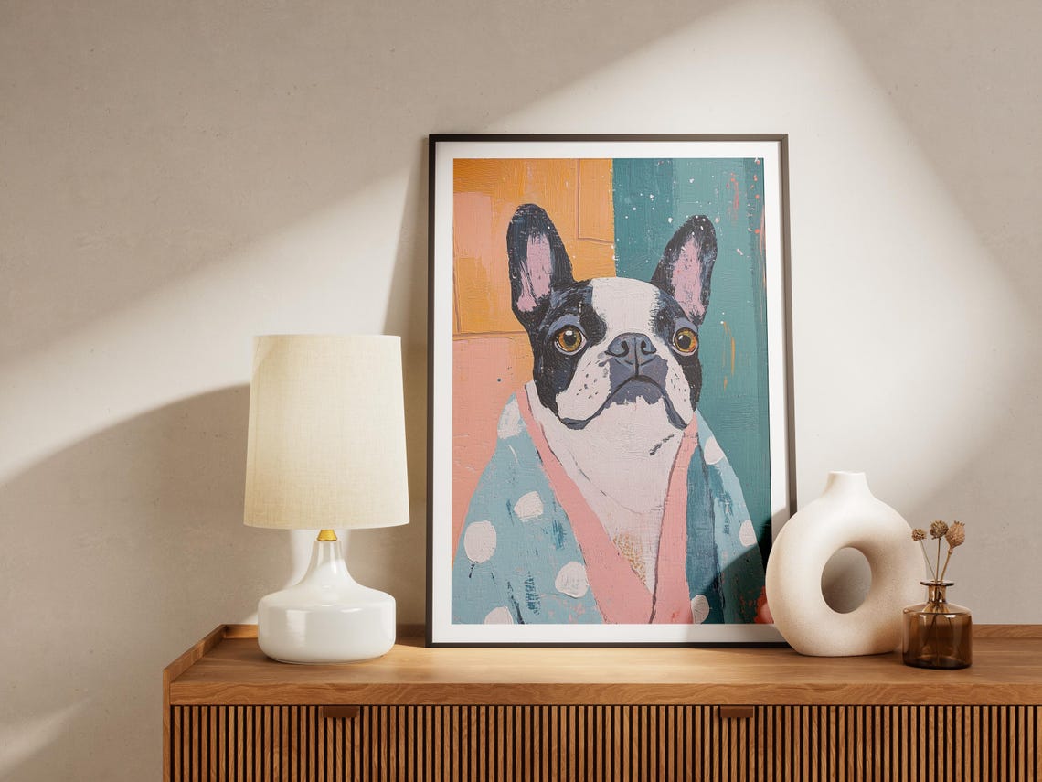 Boston Terrier Puppy Polka Dot Bathrobe Cute Modern Dog Art Poster - Image 4