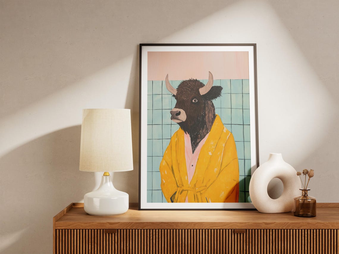 Solemn Dark Bison Wearing a Bright Yellow Bathrobe Bathroom Poster - Image 5