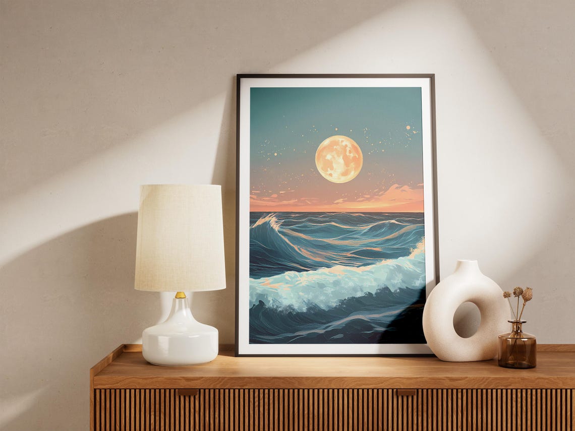 Full Moon Over Ocean Waves Poster Night Coastal Art For Home Decor - Image 4