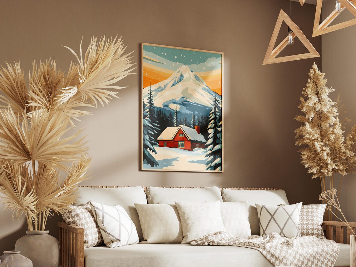 Mount Hood Glowing Red Cabin in Deep Snow at Sunset Winter Poster - Image 3