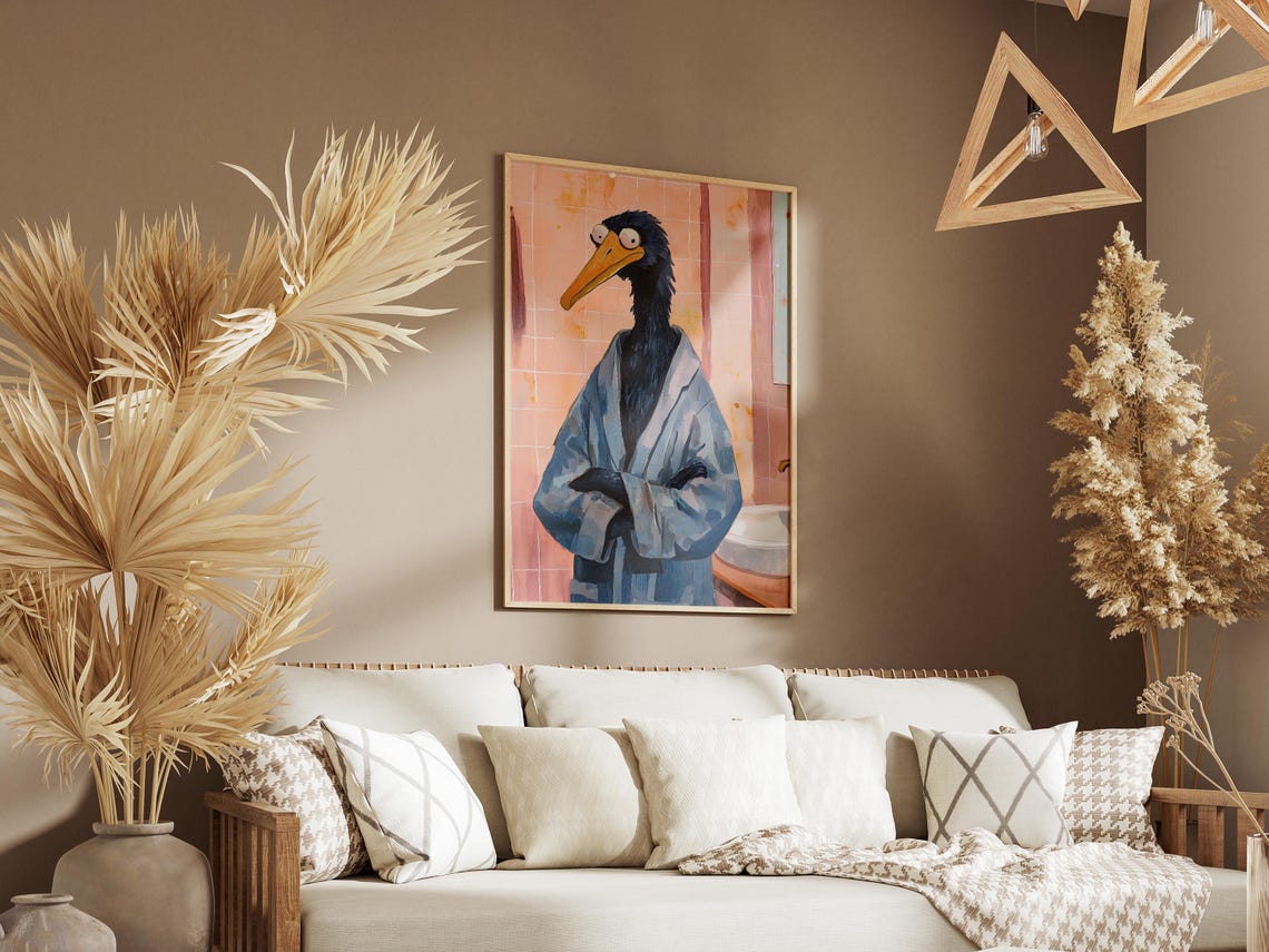 Shoebill Bird Wearing Blue Bathrobe Pink Tile Bathroom Poster - Image 3