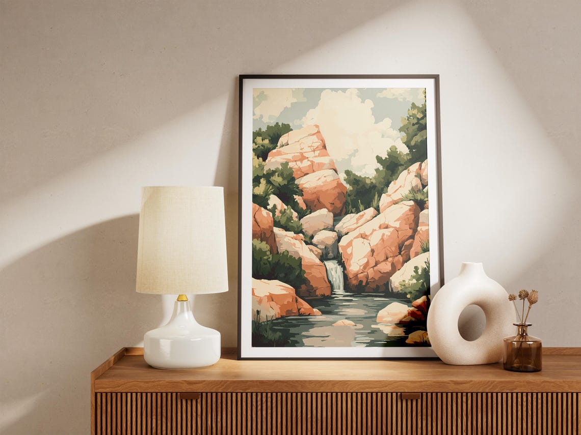 Waterfall Gorge With Peach Rocks Modern Nature Illustration Poster - Image 5