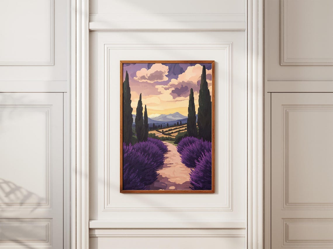 Lavender Field Path Sunset Cypress Trees Romantic Landscape Poster - Image 2