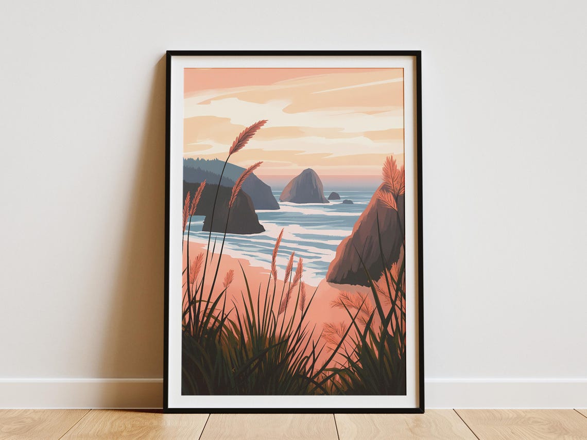 Pink Beach Grasses Framing Rocky Sea Stacks at Sunset Poster