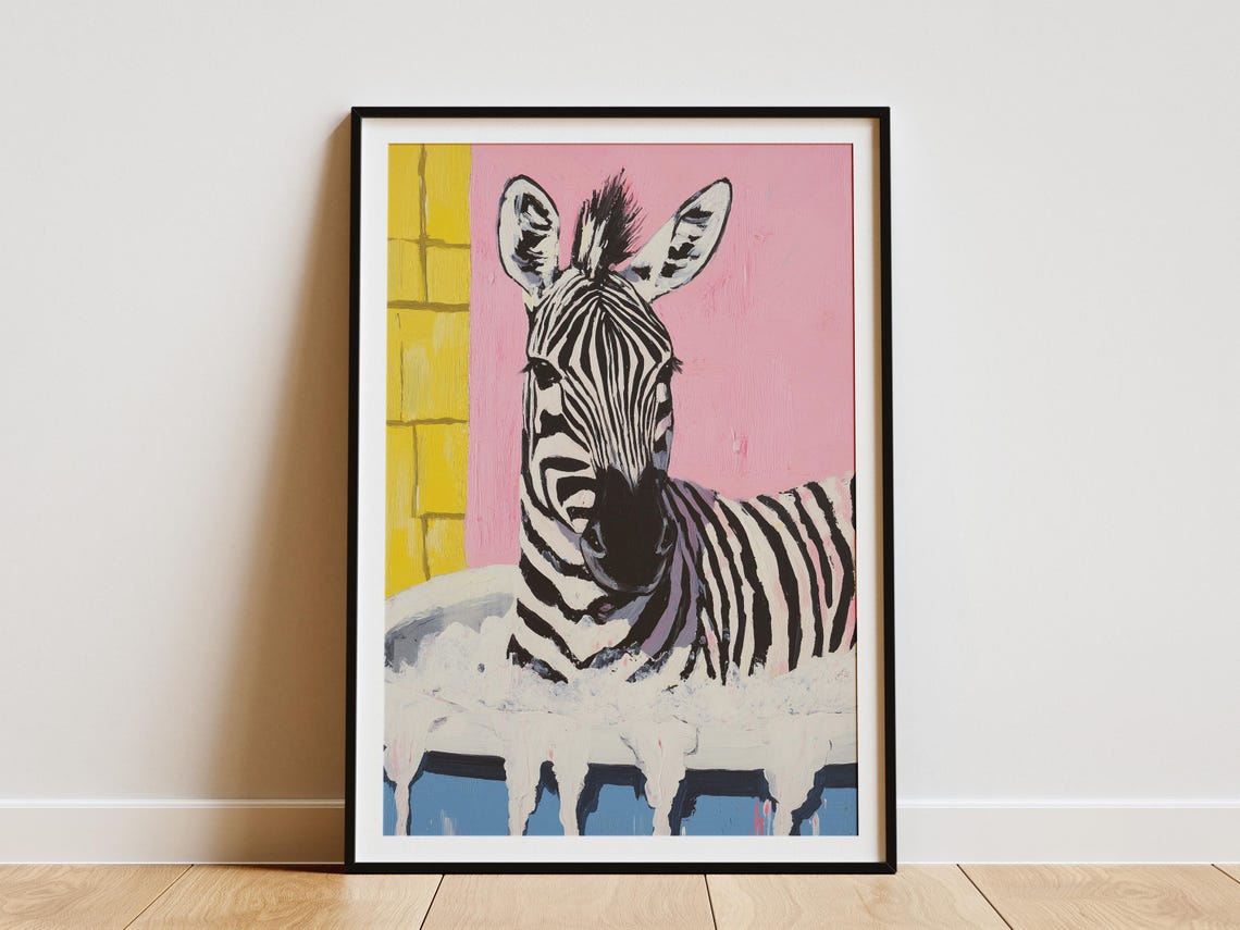 Playful Zebra Relaxing In Bubble Bath Pink Yellow Bathroom Poster