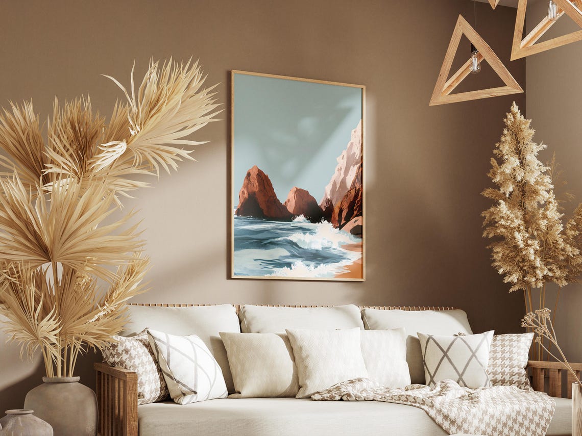 Crashing Ocean Waves Against Rust-Red Sea Stacks at Sunset Poster - Image 3