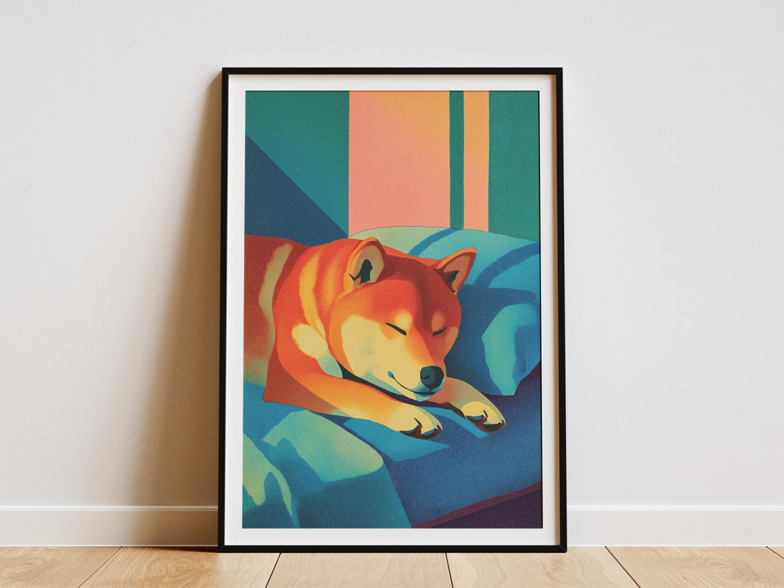 Cozy Shiba Inu Dog Sleeping on Blue Bed Warm Sunlight Poster