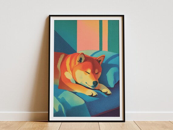 Cozy Shiba Inu Dog Sleeping on Blue Bed Warm Sunlight Poster